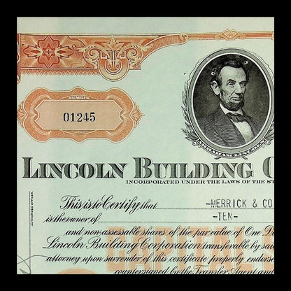 林肯建筑公司（附有亚伯拉罕·林肯的照片）股票证书 - 1 Grand Central Bdlg