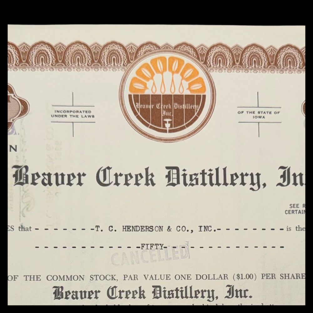 Beaver Creek Distilling Inc (Iowa Whiskey) Stock Certificate 1960s