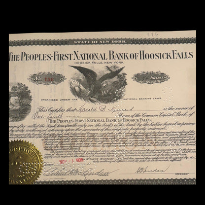 The People's First National Bank of Hoosick Falls (New York) Stock Certificate from 1953