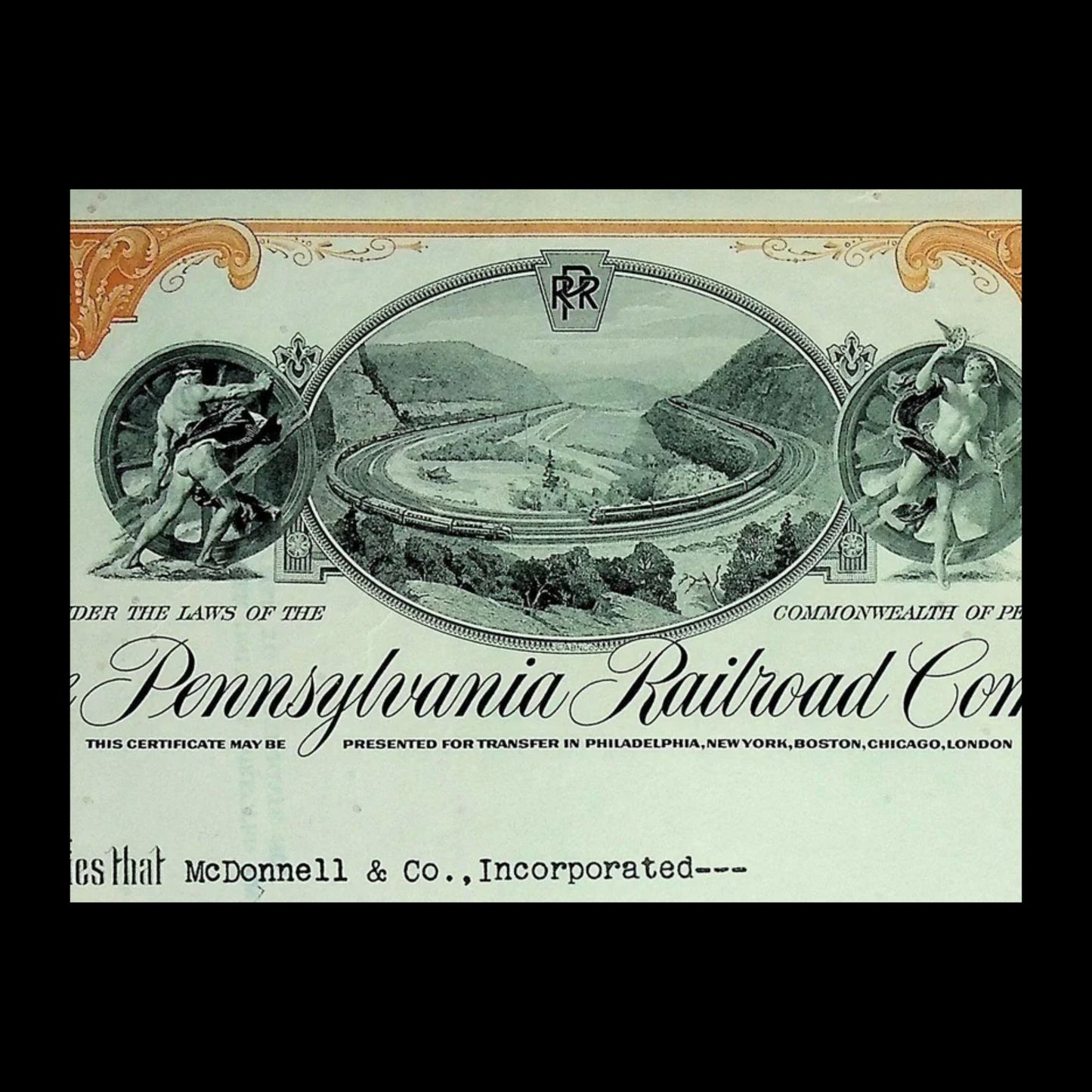 The Pennsylvania Railroad Company Stock Certificate (ft the Horseshoe Curve) from 1960s