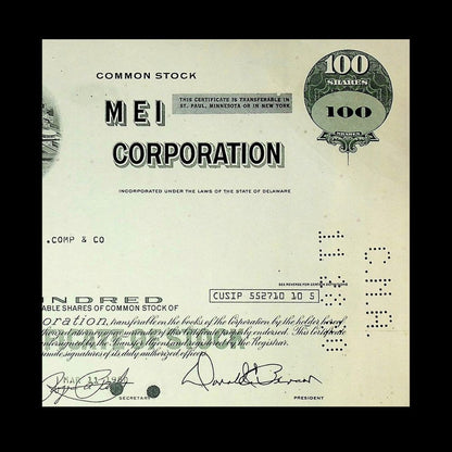 MEI Corporation Stock Certificate from 1980s (Twin City Rapid Transit)