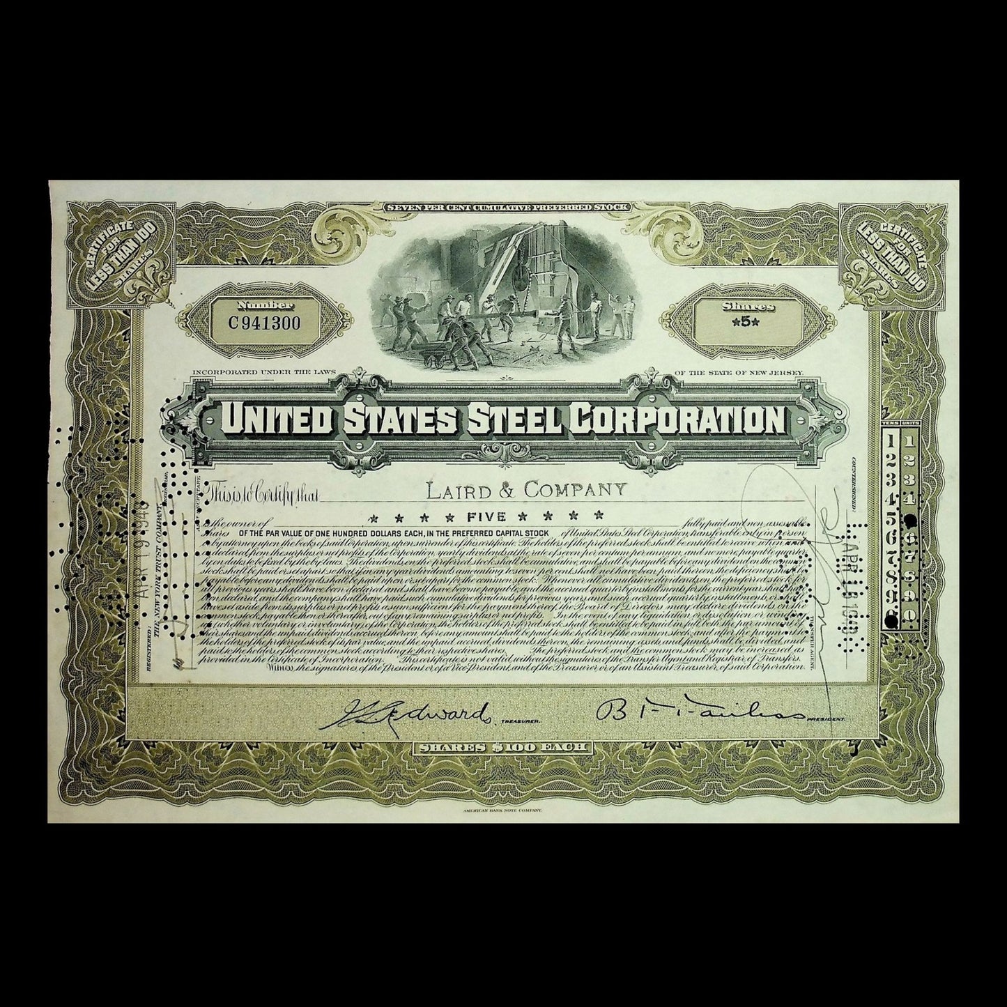 20 世纪 40 年代美国钢铁公司股票证书