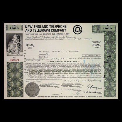 New England Telephone and Telegraph Company Stock Certificate from 1970s – Multi-Color