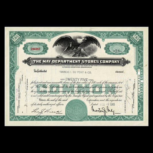 May Department Stores Co (now Macys), Stock Certificate from 1940