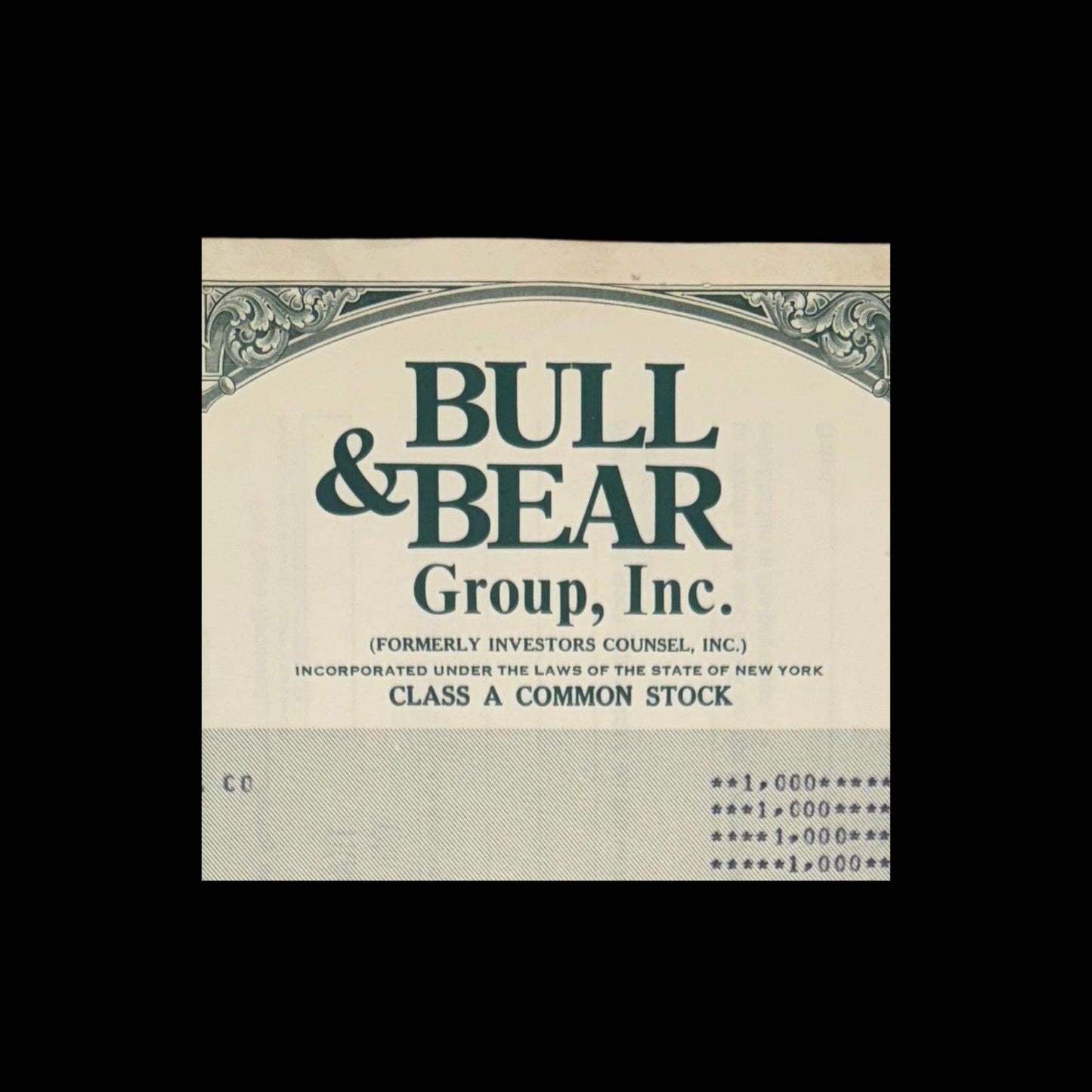 Bull & Bear Group Inc (now Winmill & Co) Stock Certificate from 1980s