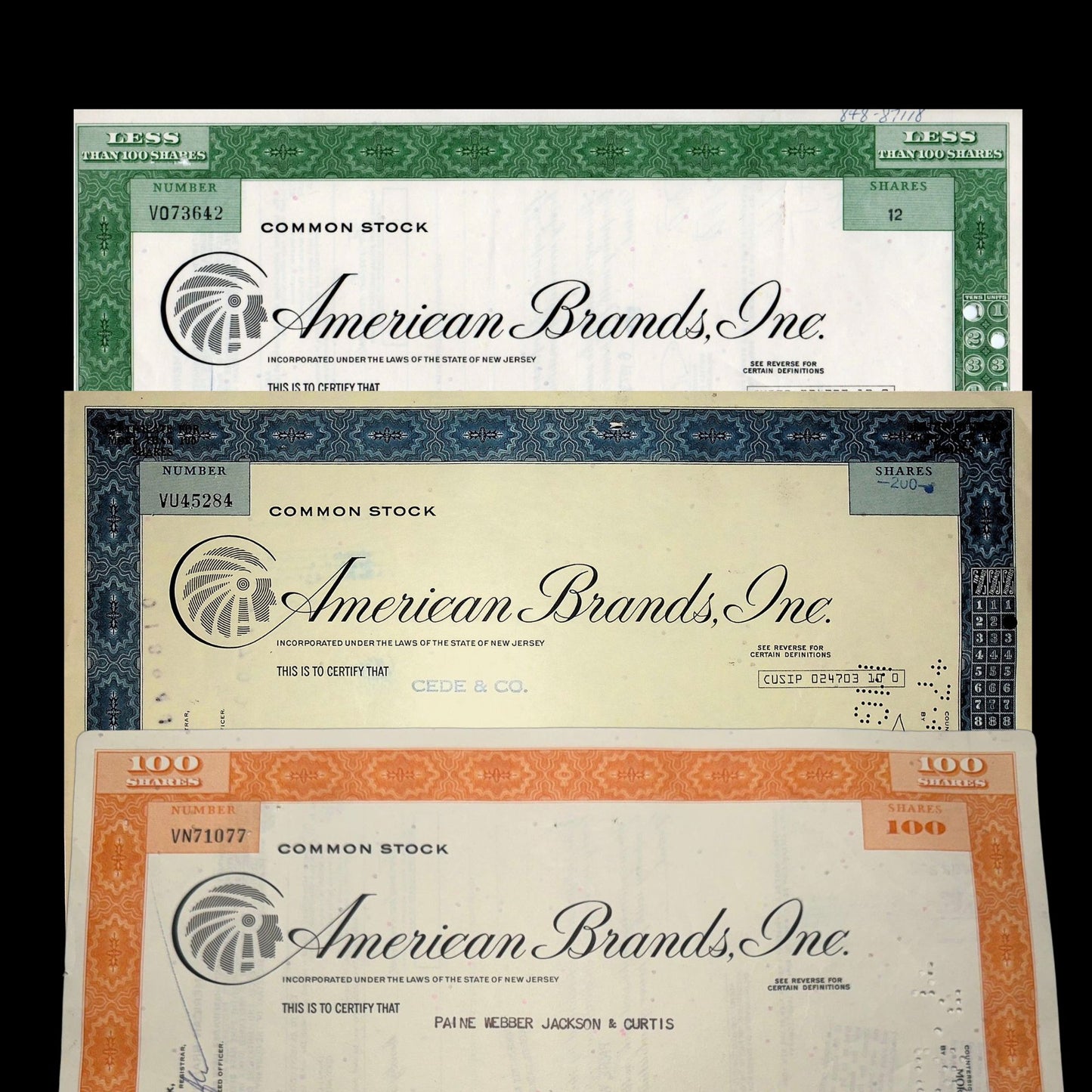 American Brands Inc Stock Certificate (Lucy Strike + Pall Mall cigarettes) from 1970s
