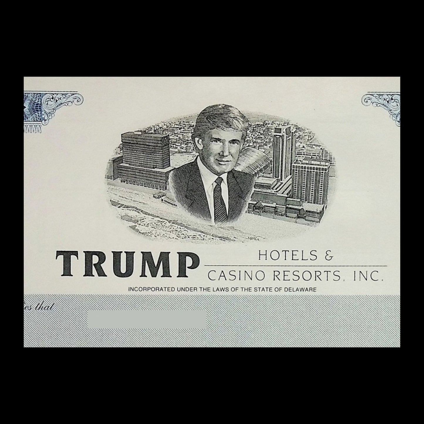 Trump Hotels & Casino Resorts Inc, Original and Rare Issued Stock Certificate from 2004 with Donald Trump portrait and printed signature