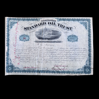 Standard Oil Trust Stock Certificate signed by John D Rockefeller and Henry Flagler from 1882