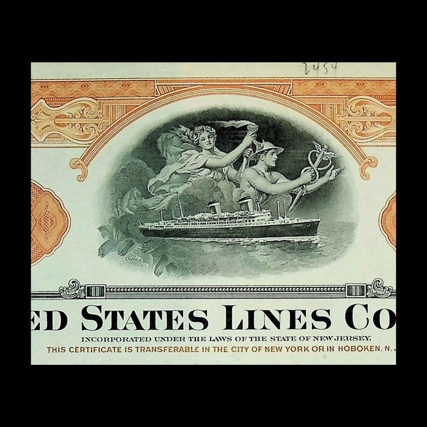 United States Lines (Maritime shipping) Company Stock Certificate from 1940s - Two colors