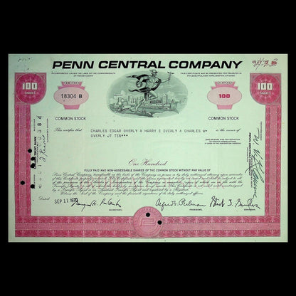 Penn Central Company Railroad Stock Certificate from 1960s/70s (4 color options)