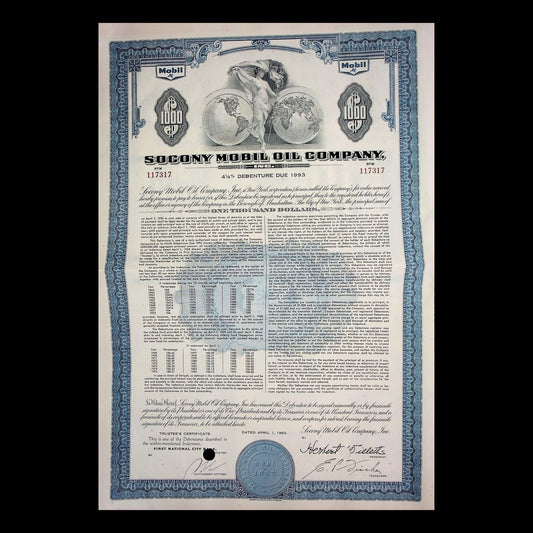 Socony Mobil Oil Company Bond Certificate from 1963 with coupon sheet