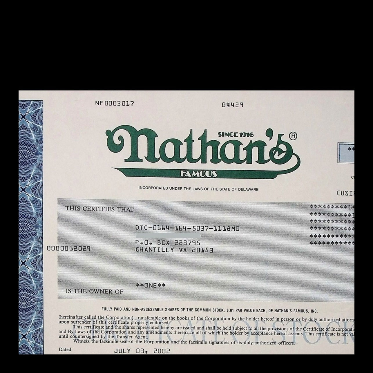 Nathan's Famous Inc. Stock Certificate from 2002 Coney Island