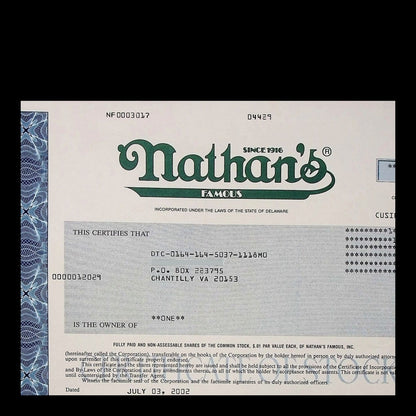 Nathan's Famous Inc. Stock Certificate from 2002 Coney Island