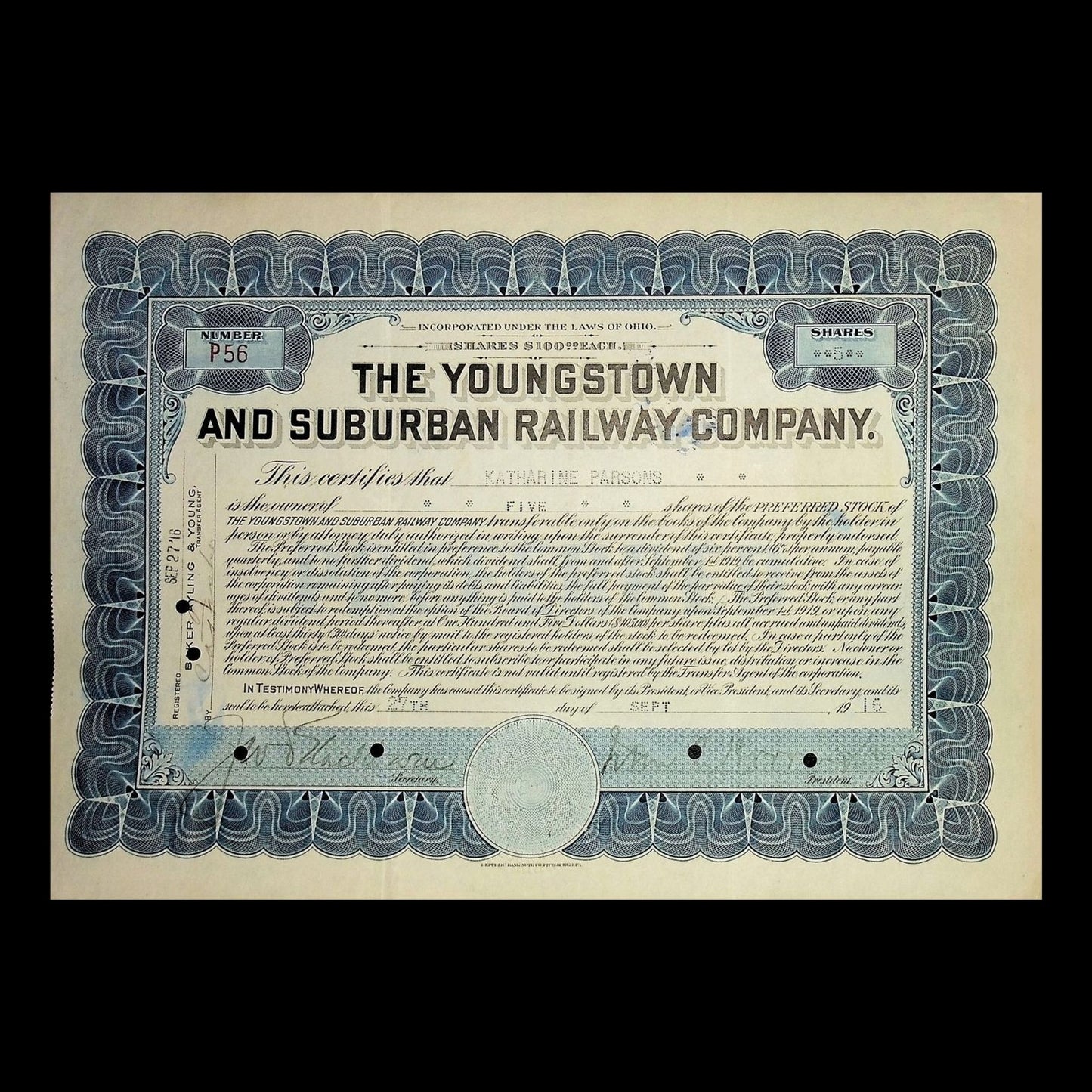 Youngstown and Suburban Railway Company Stock Certificate from 1915