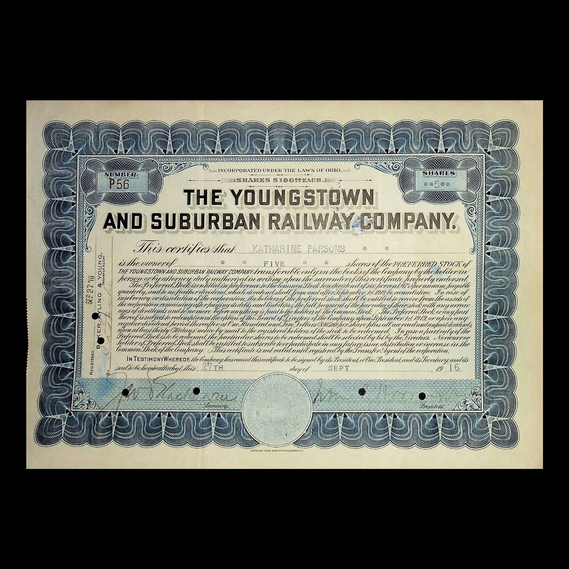Youngstown and Suburban Railway Company Stock Certificate from 1915