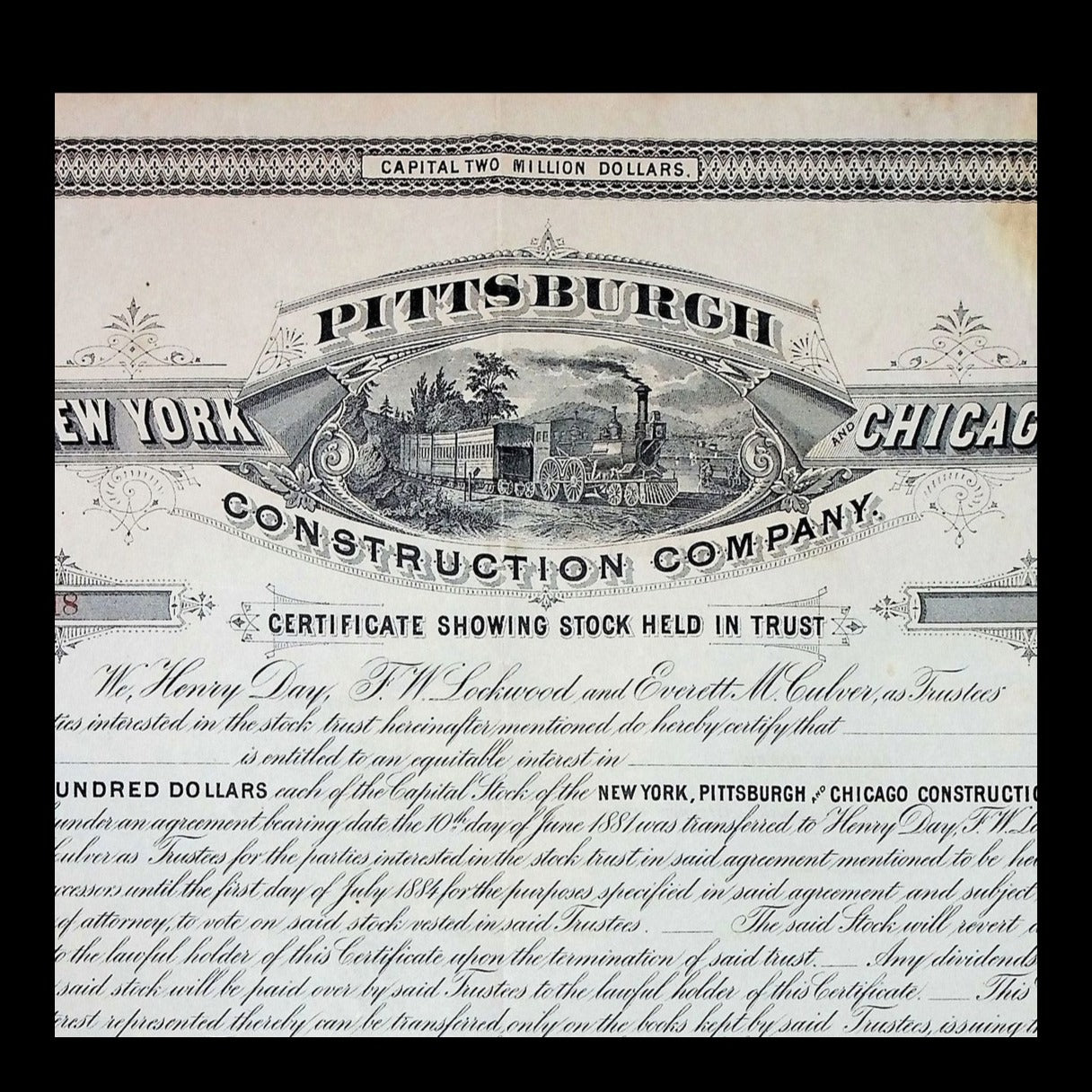 New York, Pittsburgh & Chicago Construction Company Stock Certificate from 1881