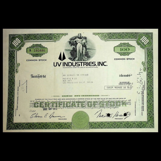 UV Industries Inc Stock Certificate