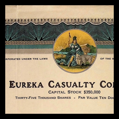 Eureka Casualty Company Stock Certificate from 1929 (Blue and Yellow, California)