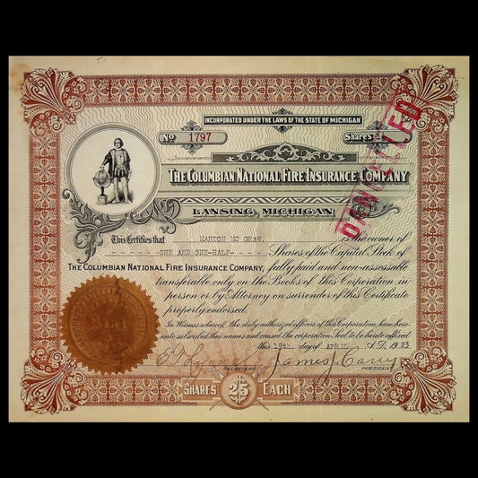 Colombian National Fire Insurance Company Stock Certificate from 1923 (Michigan)