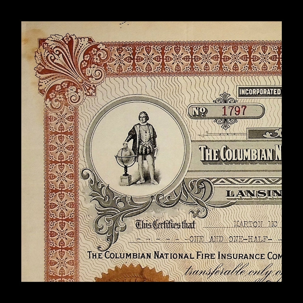 Colombian National Fire Insurance Company Stock Certificate from 1923 (Michigan)