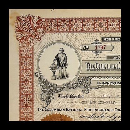 Colombian National Fire Insurance Company Stock Certificate from 1923 (Michigan)