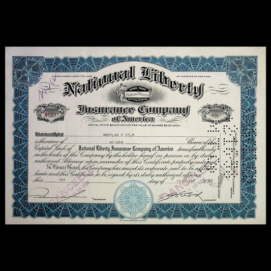 National Liberty Insurance Company of America Certificate – 1938 New York