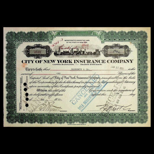 City of New York Insurance Company Stock Certificate – 1929