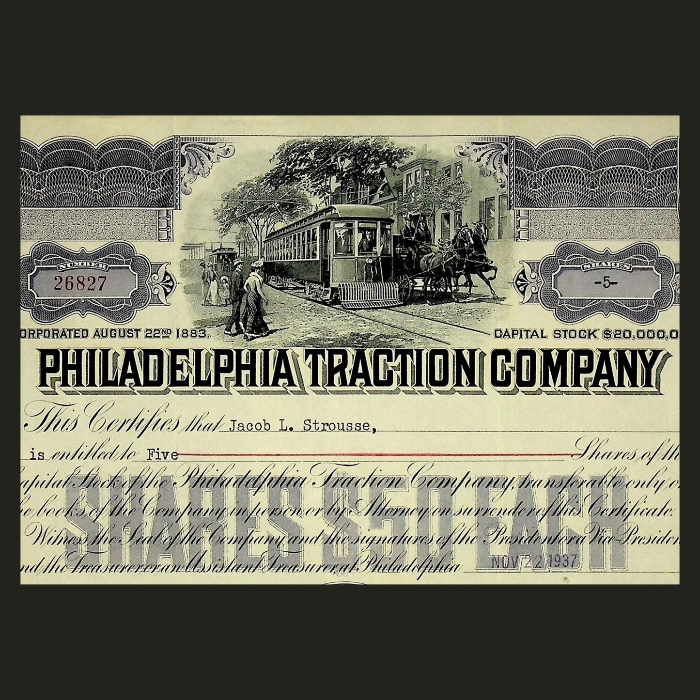 Philadelphia Traction Company Stock Certificate (Now SEPTA) from 1930s