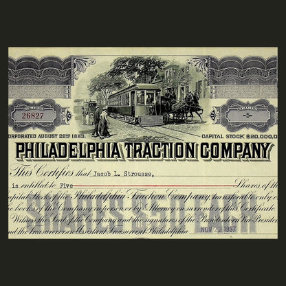 Philadelphia Traction Company Stock Certificate (Now SEPTA) from 1930s