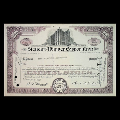 Stewart-Warner Corporation Stock Certificate from 1960s–70s