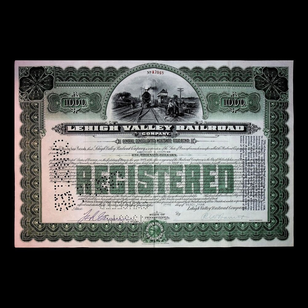 Lehigh Valley Railway (Route of the Black Diamond) Company Gold Bond Certificates from 1940s