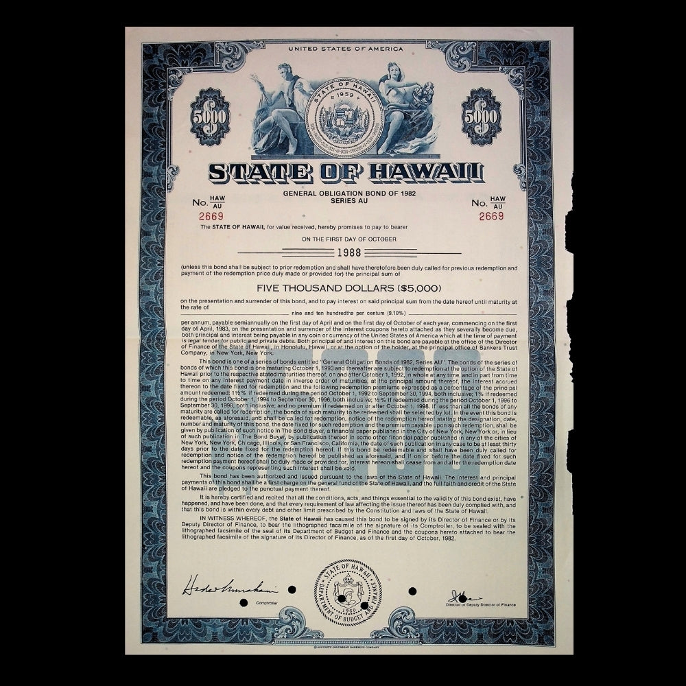 State of Hawaii Bond Certificate from 1988