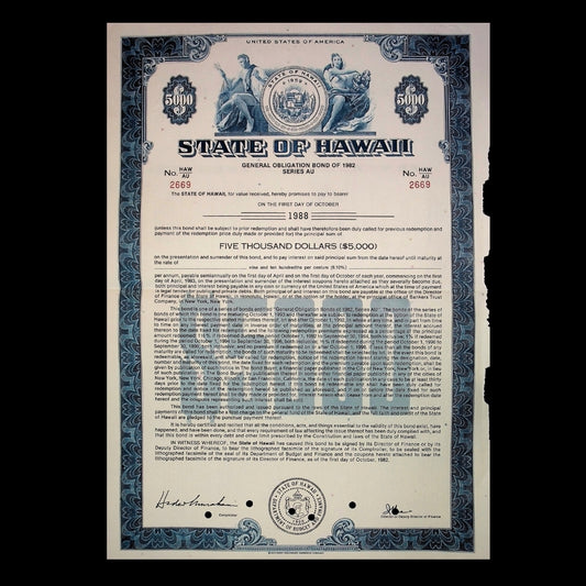 State of Hawaii Bond Certificate from 1988