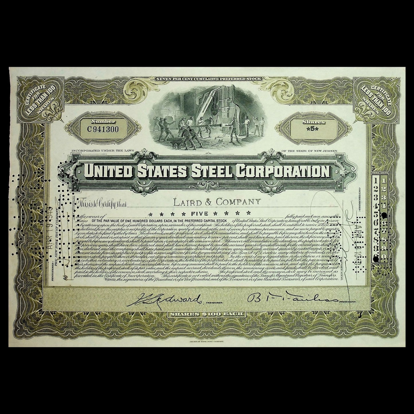 United States Steel Corporation Stock Certificate from 1940s