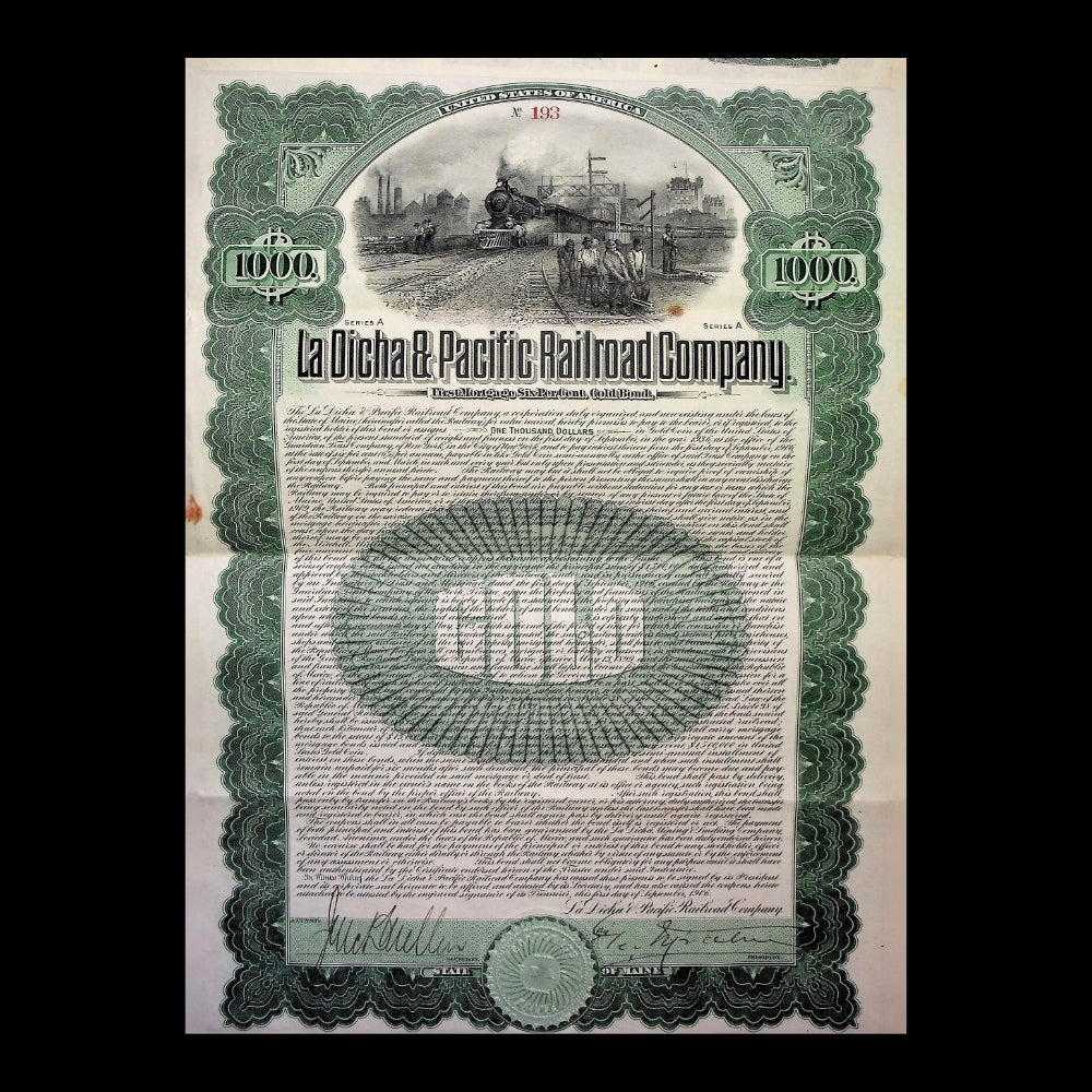 La Dicha & Pacific Railroad Company Uncanceled Gold Bond – 1906 (Coupons Attached)