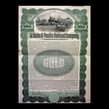 La Dicha & Pacific Railroad Company Uncanceled Gold Bond – 1906 (Coupons Attached)