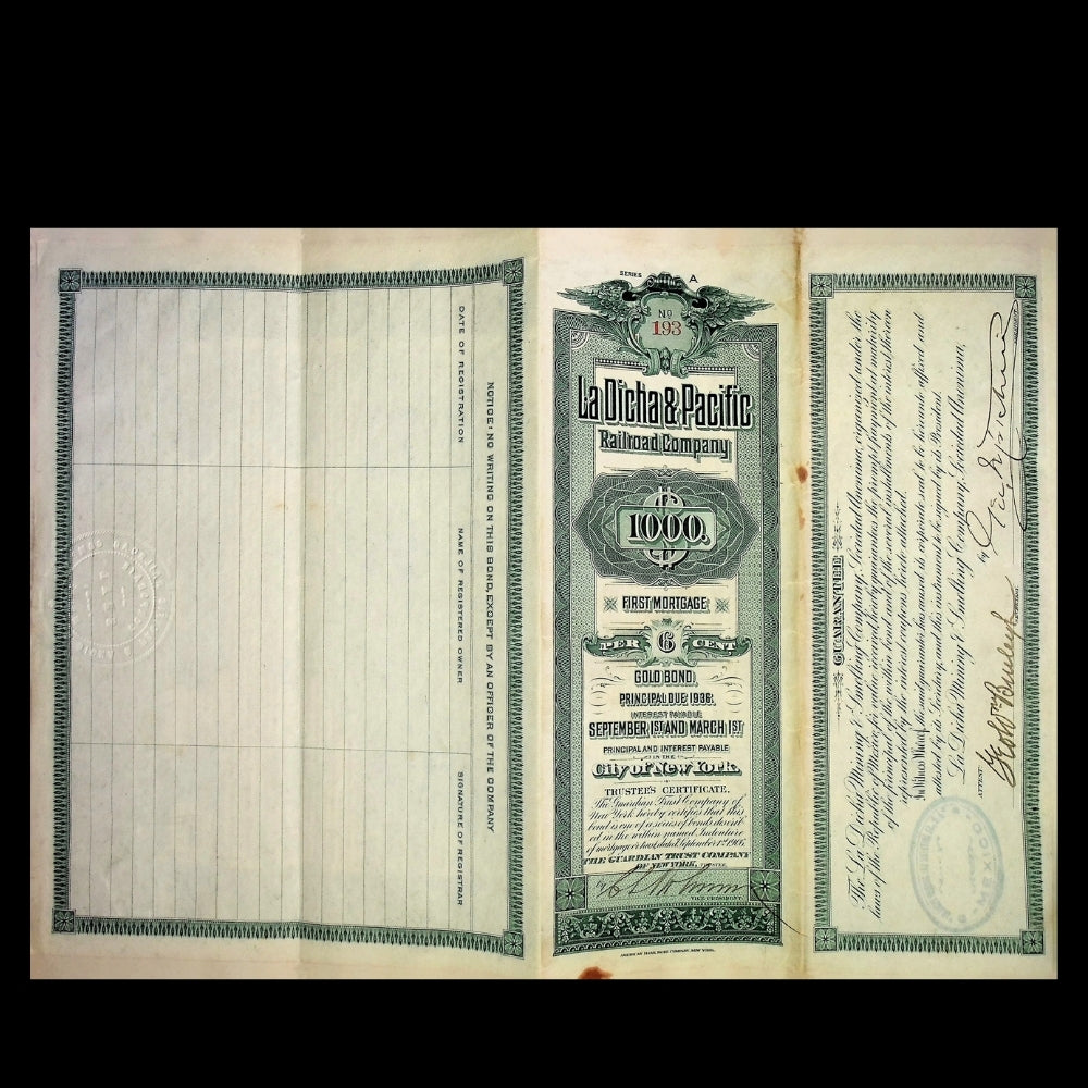La Dicha & Pacific Railroad Company Uncanceled Gold Bond – 1906 (Coupons Attached)