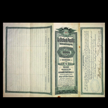 La Dicha & Pacific Railroad Company Uncanceled Gold Bond – 1906 (Coupons Attached)