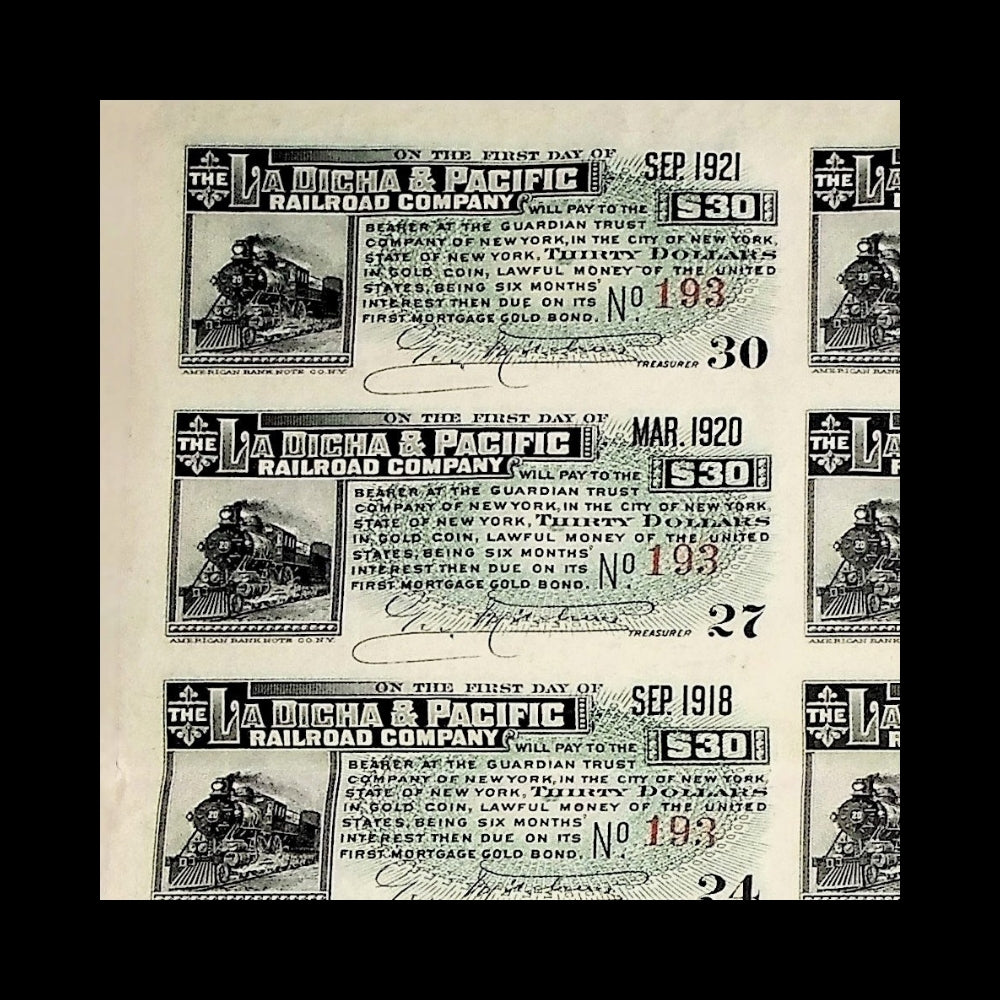 La Dicha & Pacific Railroad Company Uncanceled Gold Bond – 1906 (Coupons Attached)