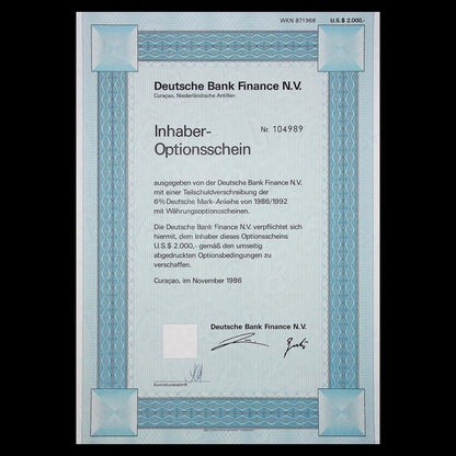 Deutsche Bank Finance N.V German Warrant Certificate from 1986