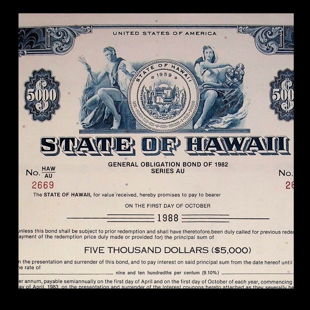 State of Hawaii Bond Certificate from 1988