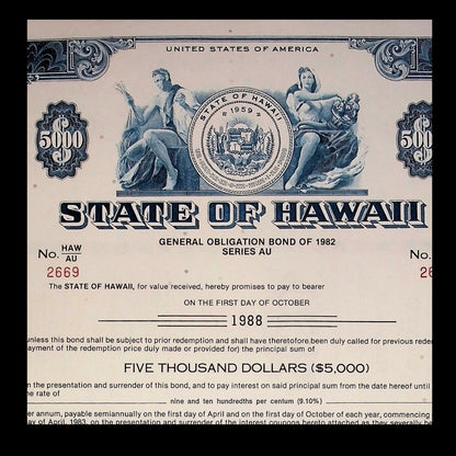 State of Hawaii Bond Certificate from 1988