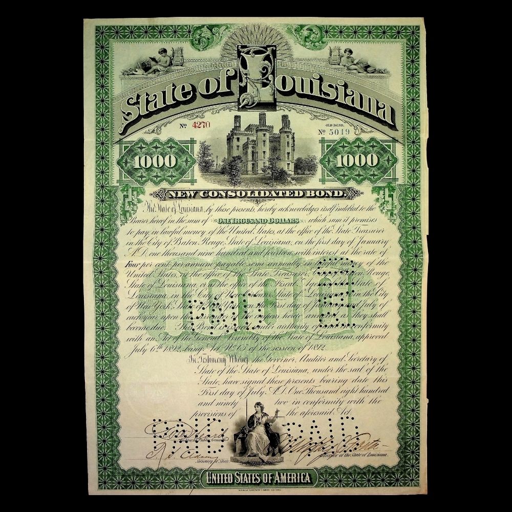 State of Louisiana Bond Certificate from 1892 Signed By Mayor Murphy J. Foster