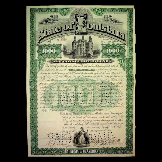 State of Louisiana Bond Certificate from 1892 Signed By Mayor Murphy J. Foster
