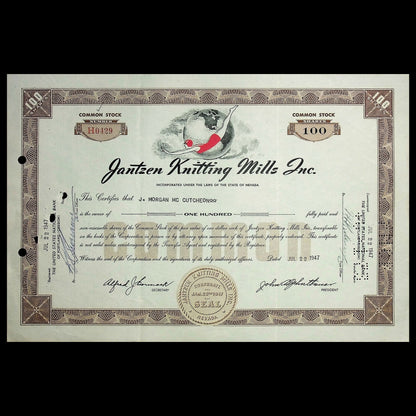 Jantzen Knitting Mills Inc Stock Certificate from 1940 - 1960s