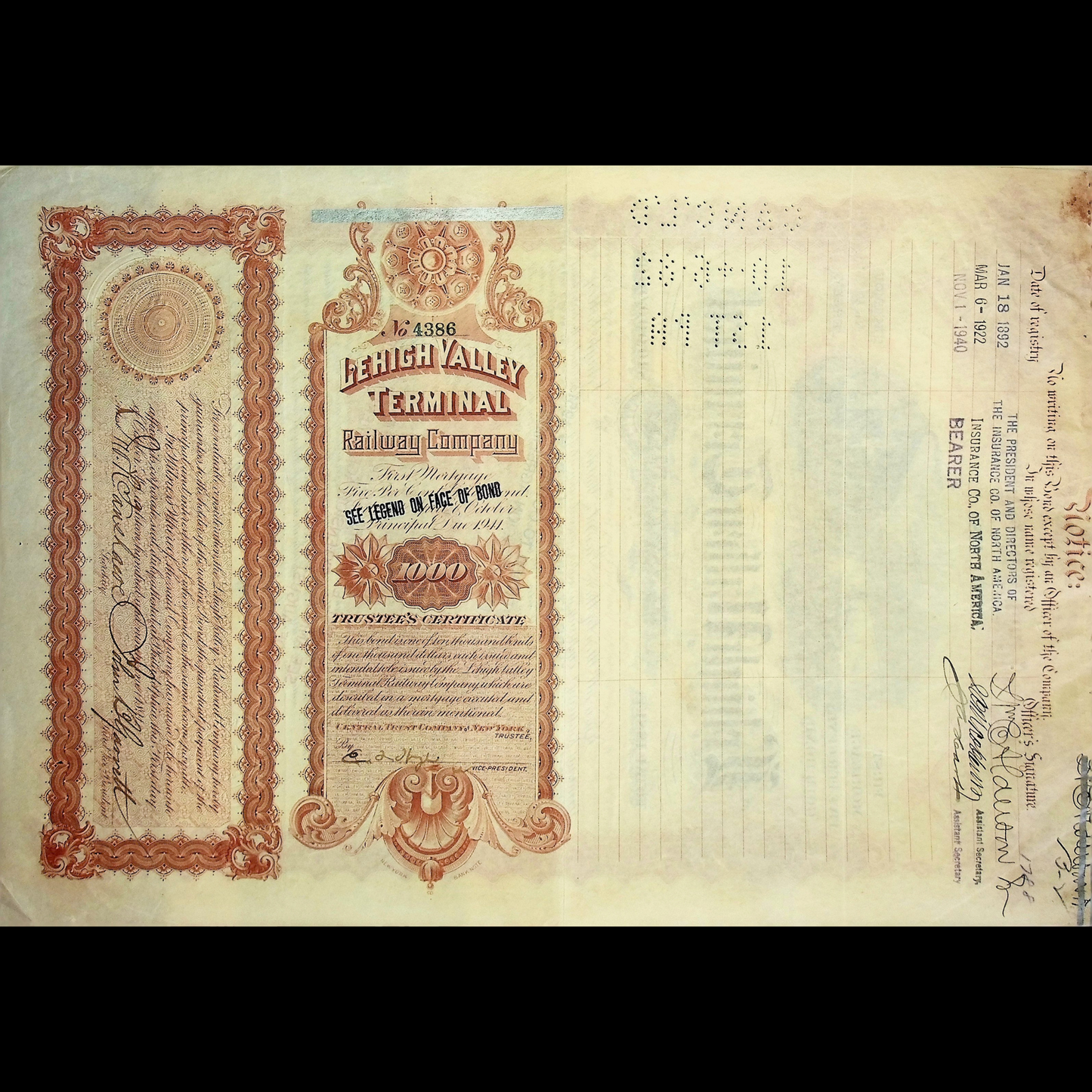 The Lehigh Valley Terminal Railway Company Bond Certificate from 1892