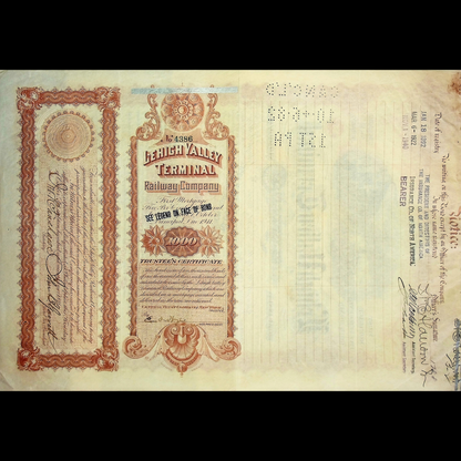 The Lehigh Valley Terminal Railway Company Bond Certificate from 1892