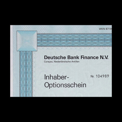 Deutsche Bank Finance N.V German Warrant Certificate from 1986