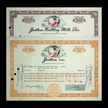 Jantzen Knitting Mills Inc Stock Certificate from 1940 - 1960s