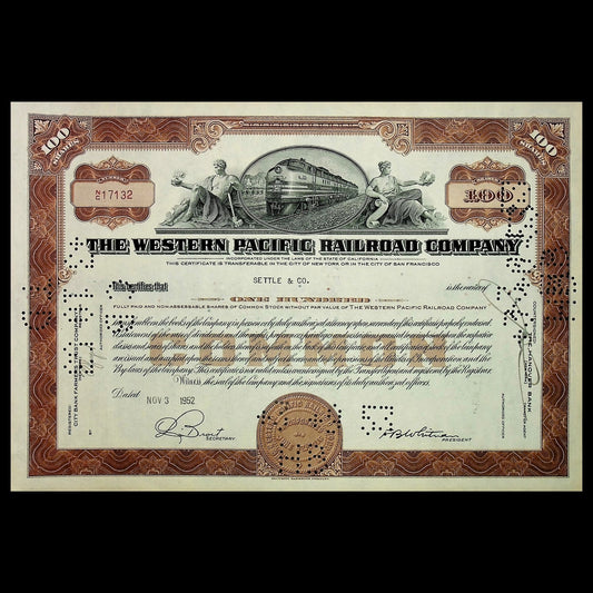 The Western Pacific Railroad Company Stock Certificate from 1950s